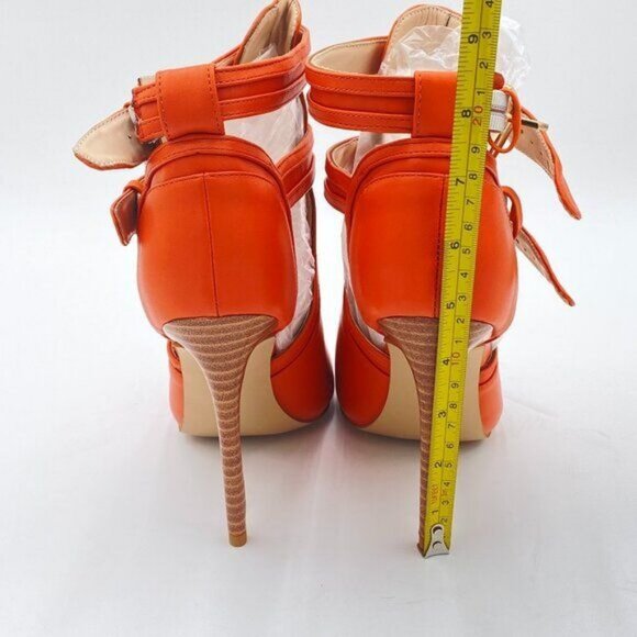 XYD Dark Orange Peep Toe High Heels Buckled Double Straps Cutout Ankle Bootie - Picture 5 of 8